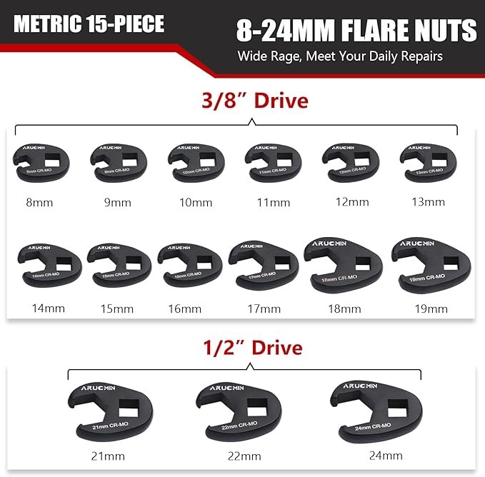 ARUCMIN 3/8" and 1/2" Drive Crowfoot Flare Nut Wrench Set, 15-Piece 8-24mm Metric Crows foot Wrench Set Chromium Molybdenum Steel with Organizer Box