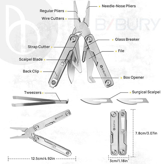 BIBURY Mini Multitool Pliers BI2051A, Mini Pocket Pliers with Window Breaker, Seat Belt Cutter, Bottle Opener for Outdoor Survival, EDC Multi Tool with Pocket Clip, Gifts for Men and Women