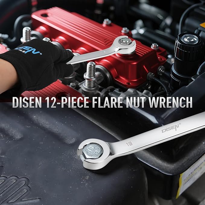 DISEN Flare Nut Wrench Set Metric and SAE 12-Piece Inch1/4 to 7/8" & 6-21mm, CR-V Steel Brake Line Wrench Set with Organizer Pouch,Father's Gift
