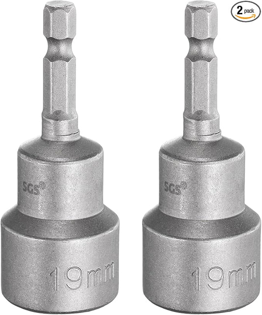 HARFINGTON 2pcs Nut Driver Drill Bit 19mm Metric Socket 1/4" Hex Shank 2.56" (65mm) Long Magnetic 6-Point Sockets Quick Change CR-V Steel Bolt Setters for Power Drill Drivers