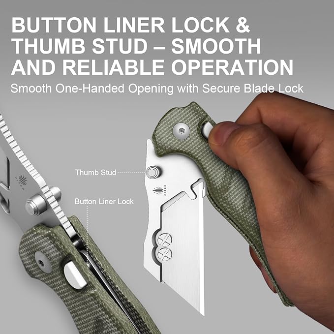 Kizer C01C Uti 1 (Dual-screw Version) Utility Knife, Button Liner Lock Box Cutter EDC Pocket Knife with 5PCS Razor Blades, Green Micarta Handle Small Folding Knives for Men Women, V3488.29JSM1