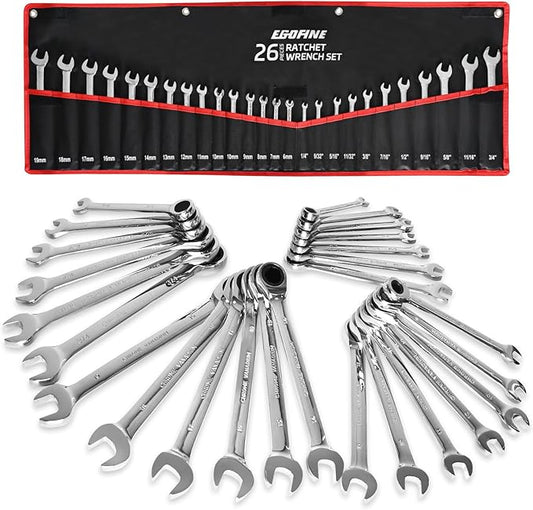 Egofine 26pcs Ratchet Wrenches Set, Wrench Set Metric and Standard, Combination Wrench Sets, CR-V Steel 6-19mm, 1/4" to 3/4" 72-Teeth, with Tool Roll Bag