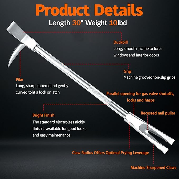 30 inch Halligan Bar, High-Precision Carbon Steel Construction, Halligan Forced Entry Tools, Firefighter Tool for Fire Rescue and Emergency Breakthroughs