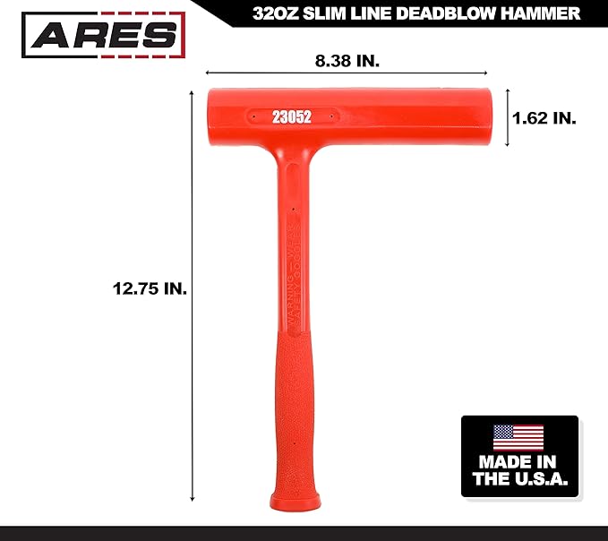 ARES 23052 – 32oz Slim Line Deadblow Hammer – Heavy Head Delivers Powerful Striking Force – Slim Profile Head Design for Greater Impact Accuracy – Long Head Hammer for Driving Pistons - Made in USA