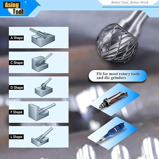 Carbide Burrs Set 5pcs with 1/4''Shank Double Cut Solid Power Tools Tungsten Carbide Rotary Files Bits for Die Grinder Metal Wood Carving Engraving Polishing Drilling Grinding Milling Cutting