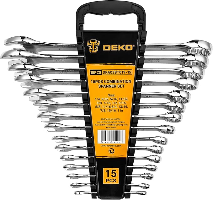 DEKOPRO Combination Wrench Set, SAE, 15-piece, 1/4'' to 1'', 12-Point, Chrome Vanadium Steel, with Plastic Tray