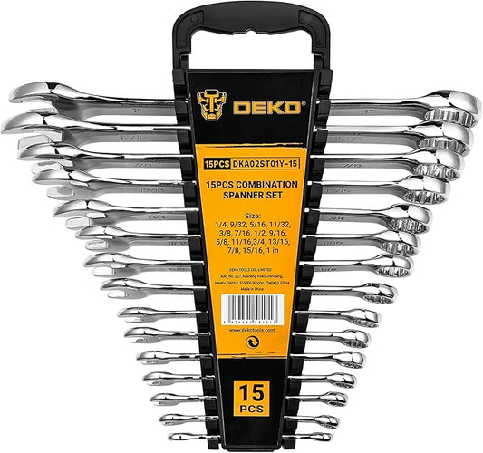 DEKOPRO Combination Wrench Set, SAE, 15-piece, 1/4'' to 1'', 12-Point, Chrome Vanadium Steel, with Plastic Tray