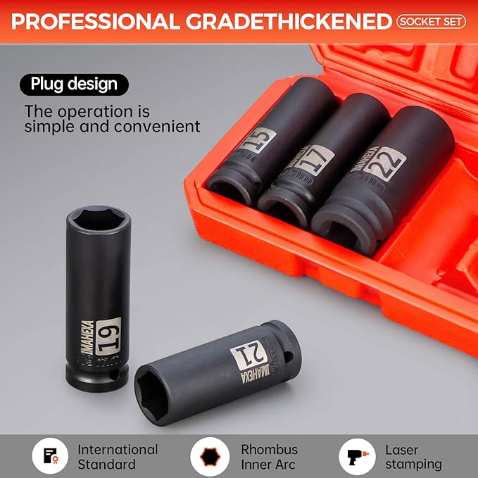 1/2" Drive Impact Long Socket Set, 5 Piece Metric Sizes (15,19,21 to 22 mm),Allen Socket Set,Deep CO-MO Meterial Socket,With Premium Red Socket Organizer