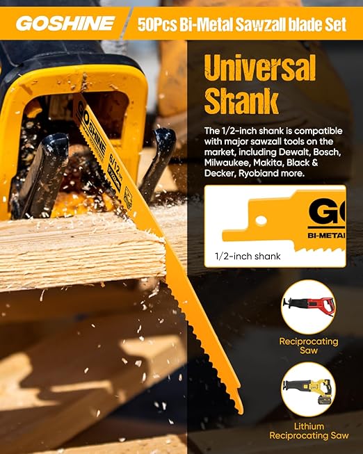 50 Pack 9 Inch 6/12TPI Reciprocating Saw Blades,Stud and Nail Saw Blades, 9" High Strength Bi-Metal Saw Saw Blades Wood and Nail-Embedded Wood, Metal,PVC, Pallets etc,with Storage Box