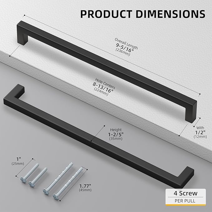 Goldenwarm 150 Pack 8-4/5 Inch Black Cabinet Handles Matte Black Drawer Pulls Stainless Steel Cabinets Hardware Square Bar Modern for Kitchen Bathroom Cupboard