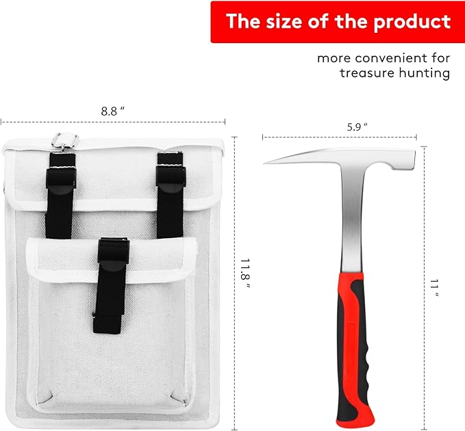 12 PCS Geology Rock Hammer Kit, 24oz Rock Pick Hammer, 3PCS Digging Chisels, Canvas Shoulder Bag, 3PCS Brushes,2-in-1 Whistle, Loupe, Gloves, Safety Goggles, Rock Hounding Tools