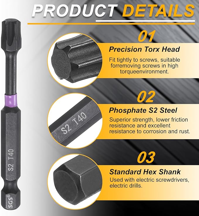 HARFINGTON 2pcs T40 Torx Head Impact Screwdriver Bits 1/4" Hex Shank 2.8" (70mm) Long Magnetic No Hole Tamper Proof 6 Point Star Screw Driver Drill Bits Phosphate S2 Steel Power Tools