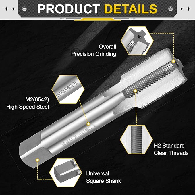 uxcell Hand Plug Tap M25 x 1.25 H2 Metric Thread Plug Style Taps Straight Flute Screw Tapping Threading Tool High Speed Steel HSS6542