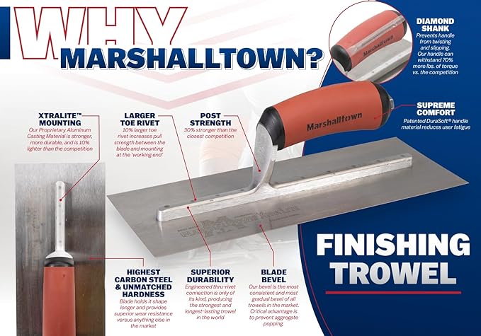 MARSHALLTOWN High Carbon Steel Finishing Trowel, 4.75 x 18 Inch Concrete, Masonry and Drywall Finishing Tool, Made in the USA, MXS77DC