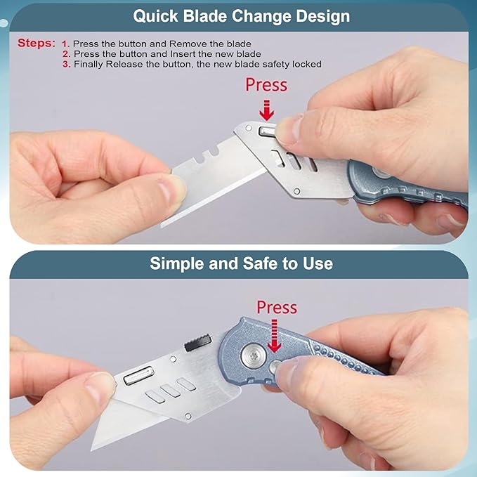Harita Utility Knife Box Cutter Quick Change Blades, Back-lock Mechanism, Portable Belt Clip, with 5-piece Extra Blades, Grey