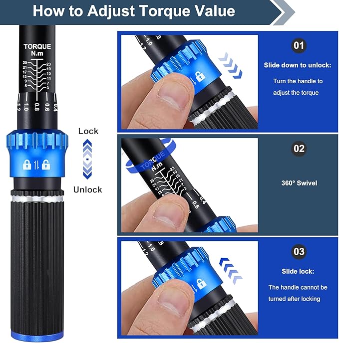 1/4 Inch Pound Torque Wrench, Bike Torque Wrench 1/4 3-25 NM/22.6-221.3 IN.LB竊똃ual-Direction Adjustable 72 Tooth Drive Small Newton Meter Wrenches for Bike, Motorcycle and Car Repair