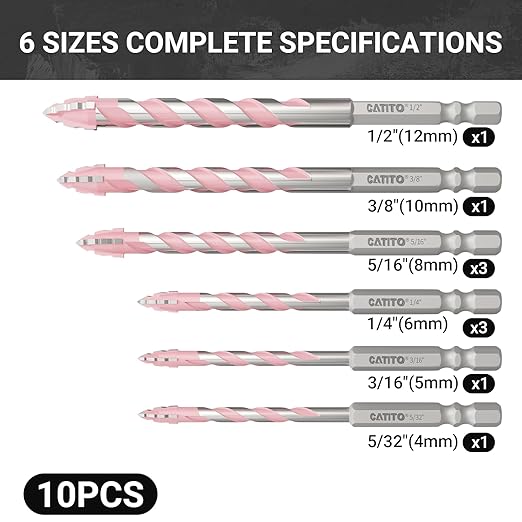 CATITO Multi-Tooth Concrete Drill Bit Set - 10PCS - Pink, Multi-Tooth Masonry Drill Bit, Carbide Tipped, Hexagonal Shank Drill bit, Glass, Brick, Ceramics, Plastic and Wood