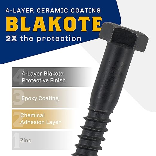 1/2" x 8?? 12-Piece Black Lag Bolt, Rustproof 4-Layer Ceramic BLAKOTE, 2X Protection of Galvanized Lag Screws, for Decks Pergolas by Makers Bolt