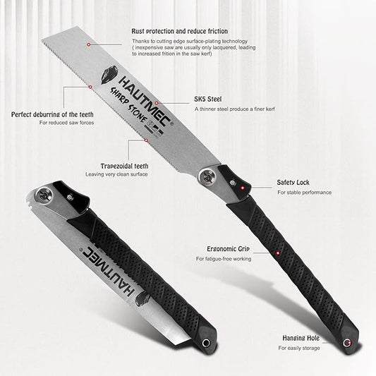HAUTMEC Folding Japanese Pull Saw, 9-Inch Hand Wood Saw with SK5 Blade, 17TPI Sharp Trapezoid Teeth, Dual Cutting Angle, Pro Handsaw for Fine & Fast Cuts – HT0312