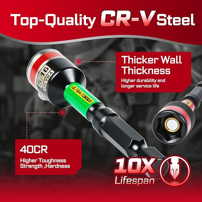 Impact Nut Driver Set, 10 Pieces 2.56?쒵ong 1/4??/16??/8??/16??1/2?? Point Alloy Steel Magnetic SAE Nut Setter Set Use For Require Installing 1/4 Hex Shank Impact Driver with Case Box