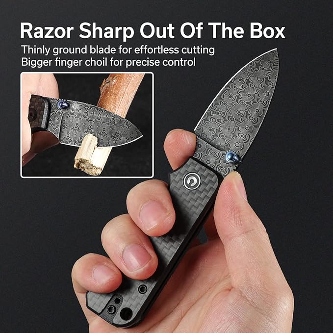 CIVIVI Small Pocket Knife for EDC, Ben Petersen Folding Knife Baby Banter with 2.34" Damascus Blade Carbon Fiber Overlay on G10 Handle, Titanium Thumb Stud Opener C19068S-DS1