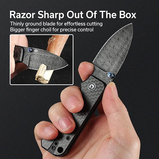 CIVIVI Small Pocket Knife for EDC, Ben Petersen Folding Knife Baby Banter with 2.34" Damascus Blade Carbon Fiber Overlay on G10 Handle, Titanium Thumb Stud Opener C19068S-DS1