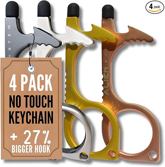 No Touch door opener tool - Premium Touchless key tool - No touch key - by Alien System (Silver Pearl + Gun Grey + Gold + Rose Gold, 4 pack Large)