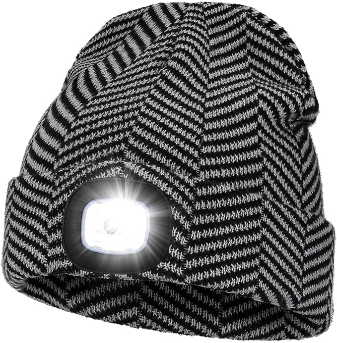 MELASA Unisex Hat with Light, USB Rechargeable Hands Free Headlamp LED Beanie, Winter Gifts for Men Dad Father Husband Him