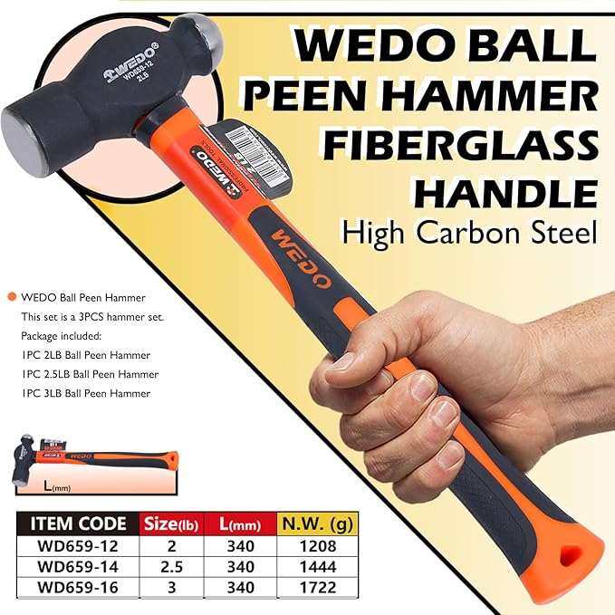 WEDO 3PCS Ball Pein Hammer Set,2lb+2.5lb+3lb,Fiberglass Handle,Ball Peen Hammer,Length 340mm,High Carbon Steel,Shock Resistant,Non-Slip Handle,Die-forged
