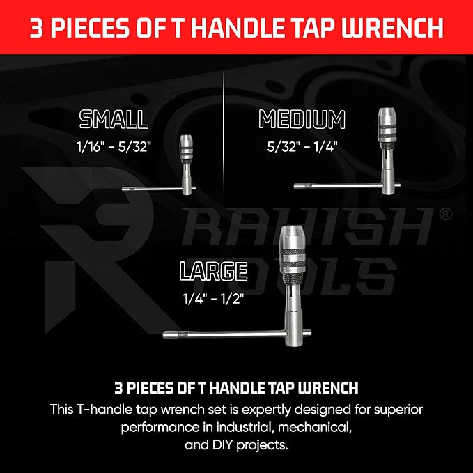3 Piece T Handle Tap Wrench Set with Jaw Opening 1/16"-5/32", 5/32"-1/4", 1/4"-1/2" - Precise Tightening Wrenches Jaws Grip for Taps, Reamers, Screw Extractors, Drills - Made in India
