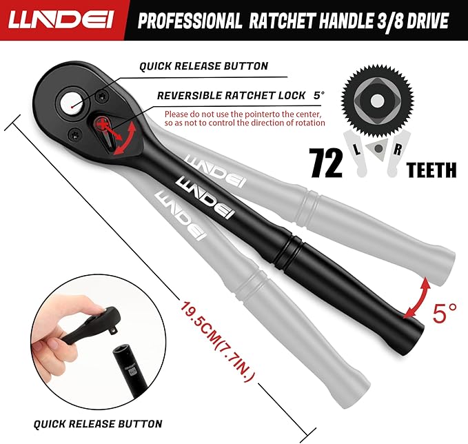 LLNDEI 3/8?쒭rive Impact Socket Set,Standard SAE(5/16 to 3/4-Inch) Metric Size(8-22mm), 95 Piece, CR-V Steel Deep&Shallow Kit, Adapters, Ratchet Handle, Screwdriver Bit Set, Spark Plug Socket, 6 Point