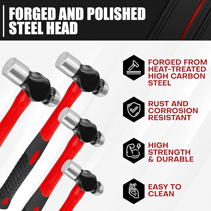 C&T 4-Piece Ball Peen Hammer Set,8 12 16 24oz, Fiberglass Handle hammer for Ball Peen,Blow Striking Ball Pein Hammer Handle Tool with Forged Steel Construction & Shock Reduction Grip for Metal Working