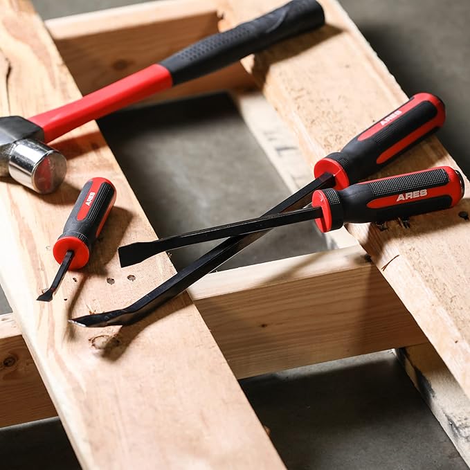 ARES 46005-8-Inch Pry Bar - Angled Tip for Lifting and Prying - Comfortable Non-Slip Double Injection Handle