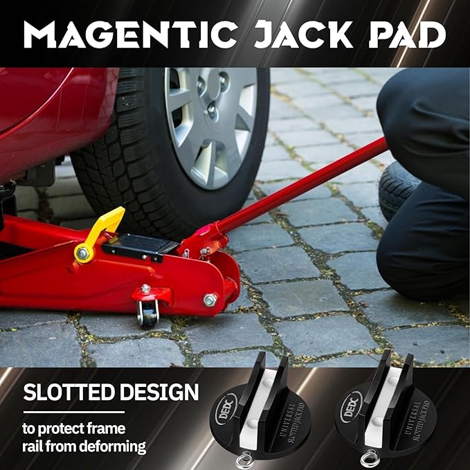 DEDC Universal Pinch Weld Jack Pad 2 Pcs Black, Magnetic Aluminum Jacking Puck Frame Rail Protecotr with 2 Reminder Streamers, Garage Accessories for Mechanics