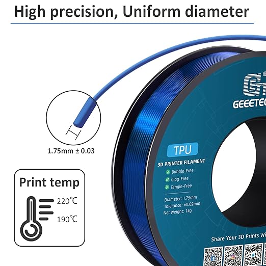 Geeetech TPU Filament 1.75mm, Shore 95A Flexible 3D Printer Filament with High Elasticity, 1KG (2.2lbs) Spool, Dimensional Accuracy 짹0.03mm, Fits Most FDM Printers, Clear Blue