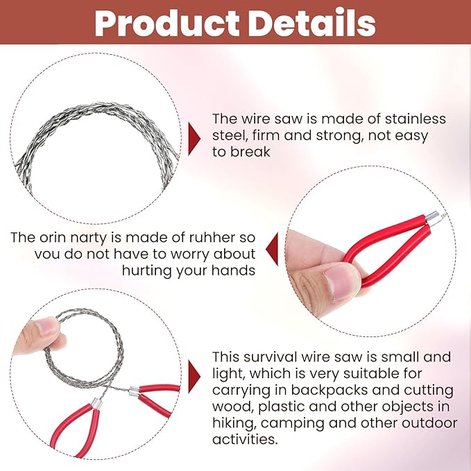 Stainless Steel Cable Saw, 4 Pcs Metal Wire Saws, Hand Pocket String Rope Saw, PVC Pipe Cutting Tool, Emergency Survival Rope Cutting Tools for Camping Hiking Hunting, 27.56 Inch (Red and Black)