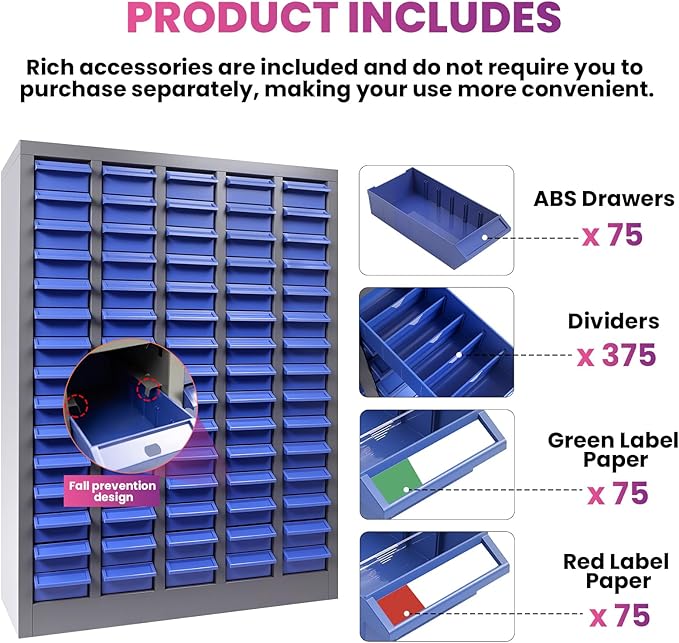 75 Drawers Nut and Bolt Organizer, 26x9x35.4 Stainless Steel Parts Cabinet with Shelfs & Labels Bolt Organizer for Workshop Tool & Hardware Storage and Organization (75 Drawers)