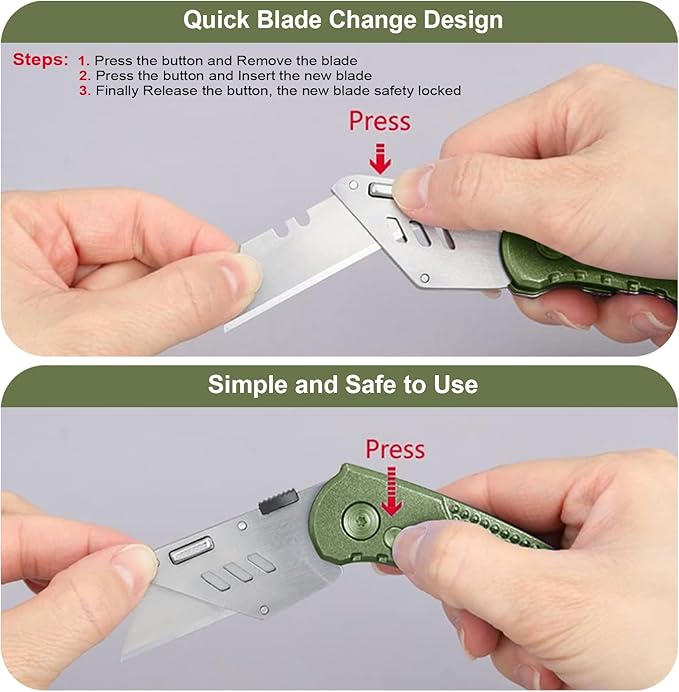 Box Cutter Heavy Duty Utility Knife, Razor Knife, Lightweight Aluminum Handle, Back-lock Mechanism, Stainless Belt Clip, for Carpet, Carton, Box, Cardboard, with 5-piece Extra Blades, Olive Green