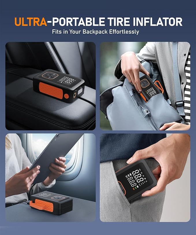Tire Inflator Portable Air Compressor - 150PSI & 15000mAh Dual Power (Cordless & 12V DC) Car Air Pump, 3X Faster 36L/Min Electric Tire Pump with Digital Gauge, LED Light for Car, Bike, Ball
