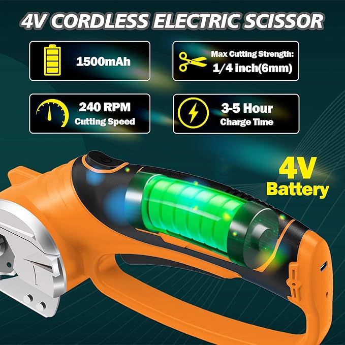 Cordless Electric Scissors, 4V Rechargeable Box Cutter & Cardboard Cutter with Titanium Blade, LED Light, Safety Lock - Rotary Cutter for Fabric, Leather, Carpet, Plastic, Crafting, Sewing(Orange)