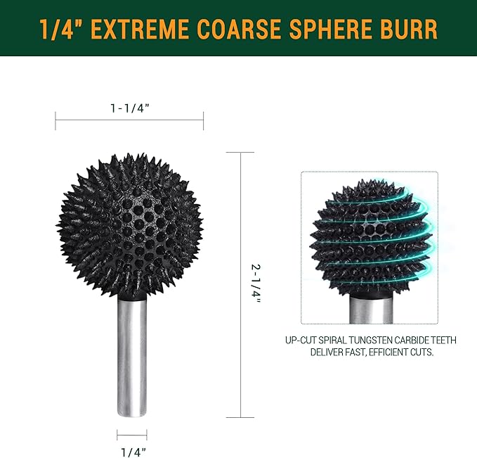 Extreme Coarse Sphere Rotary Burr, 1??" Shaft, Ball Shape Rotary Rasp bit for Wood carving-fit Bosch,Foredom, DeWalt, Milwaukee Tools- Abrasive Tungsten Carbide Rasp Sphere, 1-1/4" Head Diameter