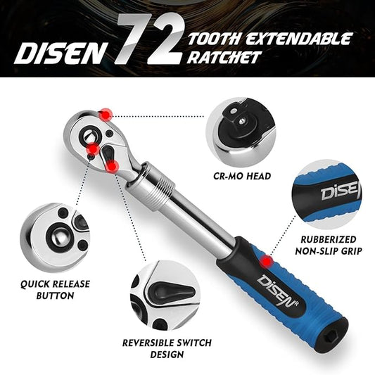 DISEN 3PCS Extendable Ratchet Wrench Set,1/4" 3/8" 1/2" Drive 72-Tooth, Quick-Release, Reversible Drive Socket Wrenches,Soft Grip Handle with Storage Tray