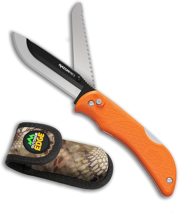 OUTDOOR EDGE RazorPro S - RazorSafe Replaceable Blade 3.5" Folding Knife with Saw and Camo Nylon Sheath (Orange, 6 Blades)