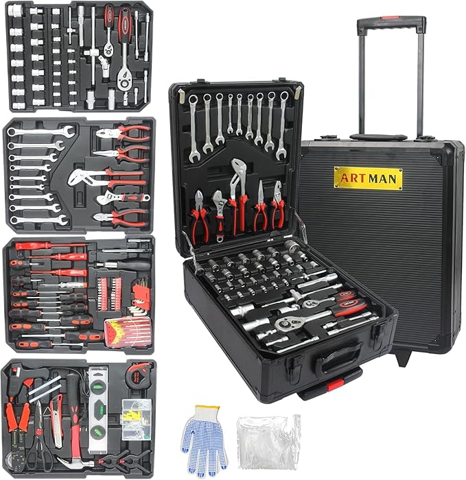 Aokleo 899PCS Tool Set, Household Tool Kit with Rolling Tool Box, Complete Tool Box Set Hand Tool Set with Tool Box, Mechanic Tool Set Rolling Tool Set for Auto Repair/Home Tool Set (Black)