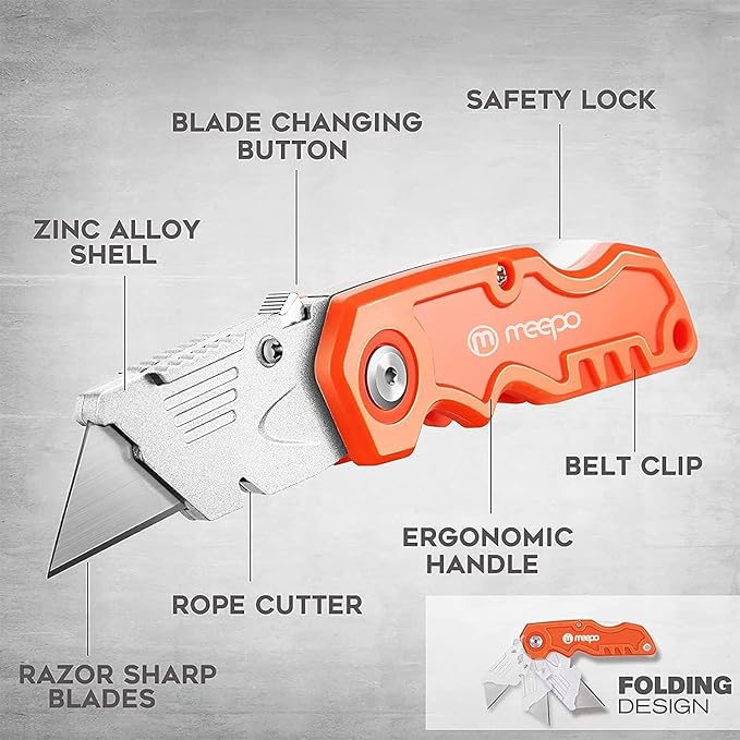 M MEEPO Box Cutter, 20-Pack Tough Folding Box Cutter Bulk for Heavy Duty Purpose, Razor Sharp Utility Knife Bulk, with Extra 50-Piece Blades, Can cut Drywall, Sheet Plastic, Linoleum, Boxes, Rope