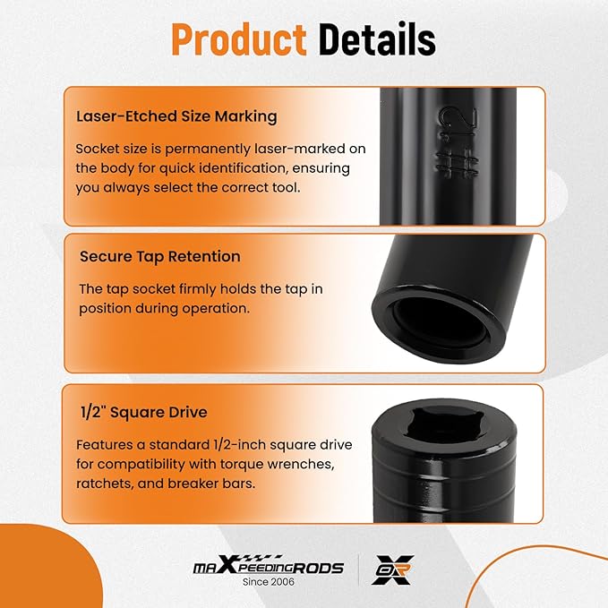 maXpeedingrods 71670 Large Tap Socket Set 5Pcs, Fit 5/8", 11/16", 3/4", 7/8" and 1" Socket Taps, Tap Sockets Adapter For Larger, 1/2" Drive, Large Tap Socket Wrench Set