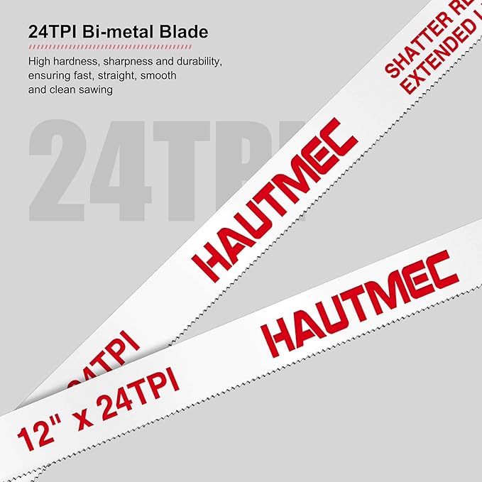 HAUTMEC 12-Inch Heavy Duty Hacksaw with High-Tension Solid Aluminium Frame, 45°/90° Dual Cutting Angles, Quick Blade Change,24 TPI Bi-Metal Blade for Heavy-Duty Cutting – HT0146