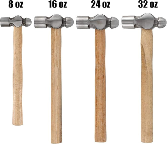 4 PCS Ball Peen Hammer, 8 OZ,16 OZ, 24 OZ, 32 OZ Ball Peen Hammer Set with Wooden Handle and Non-Slip Shock Absorbing Grip for Metal Rivetc