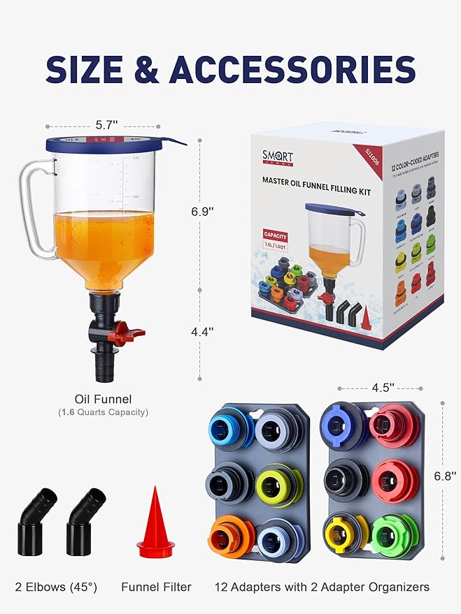 SMART JERRY - Spill-Proof Engine Oil Funnel Kit節쏰il Change Funnel w/ 12 Adapters & 2 Magnetic Adapter Organizer Boards節쏷ransparent Body w/Scale & Shut-Off Valve節쏹niversal Fit