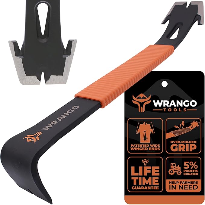 Wrango Tools 15" Flat Bar Pry Bar - Heavy Duty Crowbar with Nail Puller - High Carbon Steel with Soft Shock Absorbing Grip & Wide Winged Ends - Demolition Tools for Home Improvement & Construction
